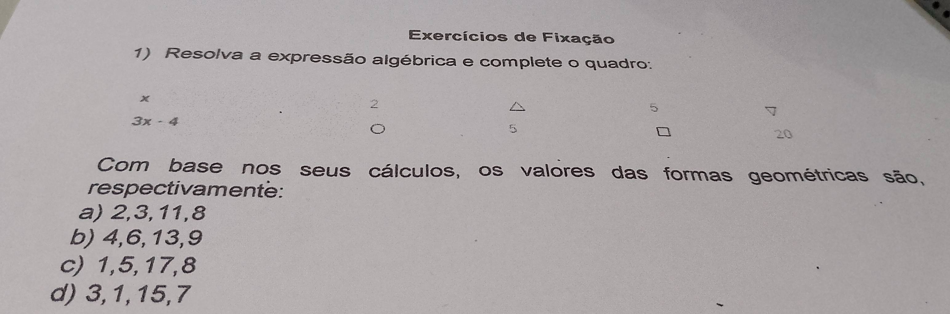 Exercícios de Fixação
1) Resolva a expressão algébrica e complete o quadro:
x
2
3x-4
20
Com base nos seus cálculos, os valores das formas geométricas são,
respectivamente:
a) 2, 3, 11, 8
b) 4, 6, 13, 9
c) 1, 5, 17, 8
d) 3, 1, 15, 7