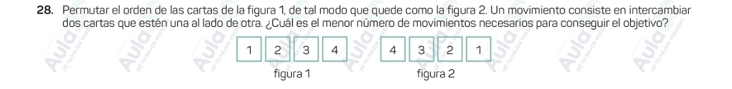 Permutar el orden de las cartas de la figura 1, de tal modo que quede como la figura 2. Un movimiento consiste en intercambiar 
dos cartas que estén una al lado de otra. ¿Cuál es el menor número de movimientos necesarios para conseguir el objetivo?
1 2 3 4 4 3 2 1
figura 1 figura 2