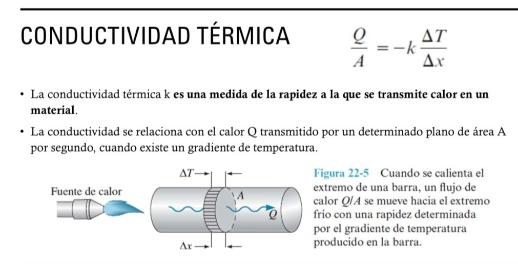 CONDUCtIVIDAD TÉRMiCa
 Q/A =-k △ T/△ x 
La conductividad térmica k es una medida de la rapidez a la que se transmite calor en un
material.
La conductividad se relaciona con el calor Q transmitido por un determinado plano de área A
por segundo, cuando existe un gradiente de temperatura.
igura 22-5 Cuando se calienta el
tremo de una barra, un flujo de
alor Q/A se mueve hacia el extremo
río con una rapidez determinada
or el gradiente de temperatura
oducido en la barra.