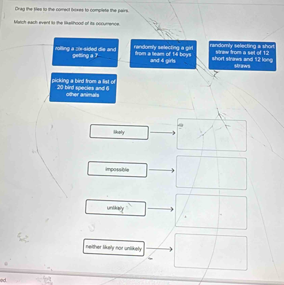 Drag the tiles to the correct boxes to complete the pairs.
Match each event to the likelihood of its occurrence.
rolling a six-sided die and randomly selecting a girl randomly selecting a short
from a team of 14 boys straw from a set of 12
getting a 7 short straws and 12 long
and 4 girls
straws
picking a bird from a list of
20 bird species and 6
other animals
likely
impossible
unlikely
neither likely nor unlikely
ed.