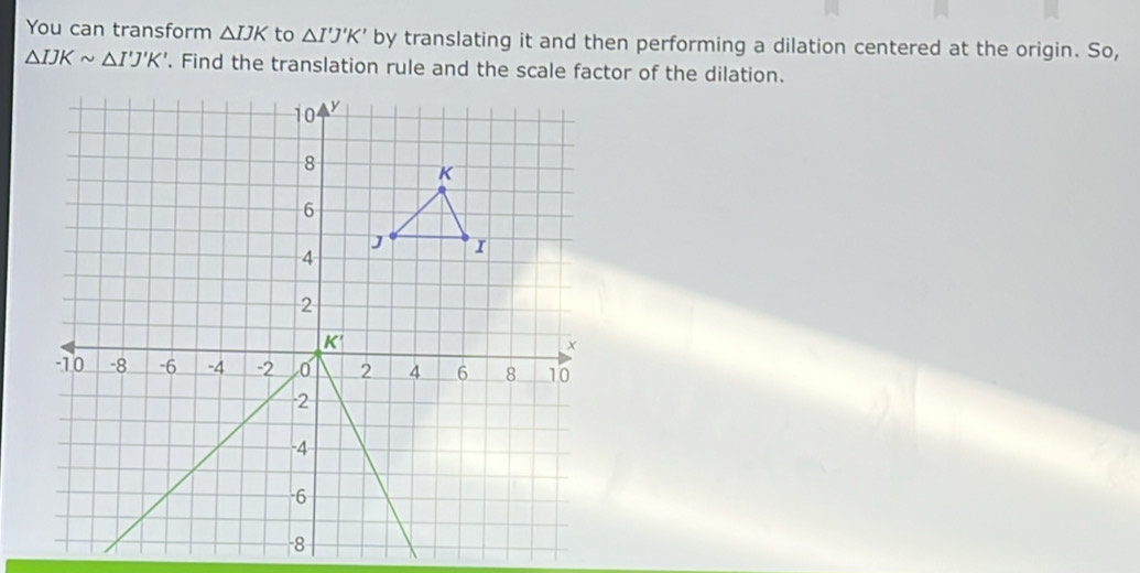 You can transform △ IJK to △ I'J'K' by translating it and then performing a dilation centered at the origin. So,
△ IJKsim △ I'J'K'. Find the translation rule and the scale factor of the dilation.