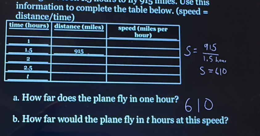 hs to ny 915 mes. Use this 
information to complete the table below. (speed = 
distance/time) 
a. How far does the plane fly in one hour? 610 
b. How far would the plane fly in t hours at this speed?