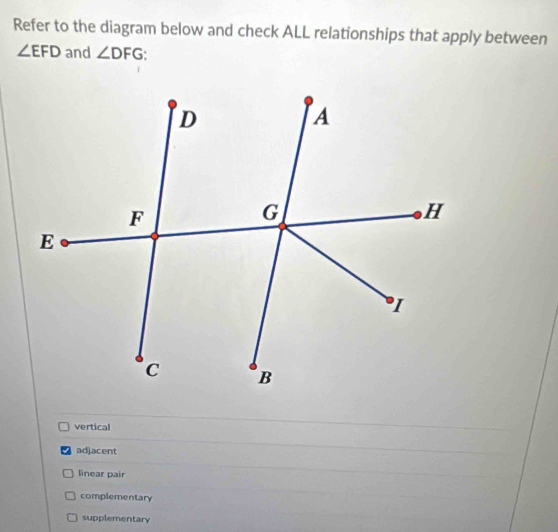 Refer to the diagram below and check ALL relationships that apply between
∠ EFD and ∠ DFG 、
vertical
I adjacent
linear pair
complementary
supplementary