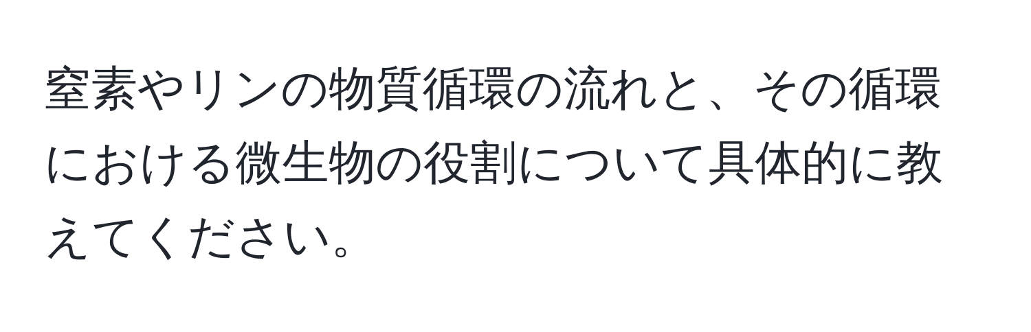 窒素やリンの物質循環の流れと、その循環における微生物の役割について具体的に教えてください。