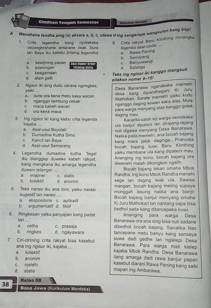 Gladhen Tengah Semester Asesmen Sumatif
A Wenehana tandha ping (x) aksara a, b, c, utawa d ing sangarepe wangsulan kang trep
1. Crita legendha kang nyritakake 8. Crita rakyat Baru Klinthing minangka
cecongkrahane antarane iwak Sura legenda asal-usule ....
Ian Baya iku kalebu jinising legendha a. Rawa Pening
b. Semarang
a sawijining papan Soal Higher Orde
c. Banyuwangi
b. pawongan Thinking Skills d. Salatiga
c. keagamaan
Teks ing ngisor iki kanggo mangsuli
d. alam gaib
pitakon nomer 9--15!
2. Ngisor iki sing dudu carane ngringkes,
Desa Banarawa nganakake memetri
yaiki ....
a. isine ora kena metu saka wacan
desa kang dipandhegani Ki Juru
Mathokan. Sarate memetri yaiku kudu
b. nganggo tembung cekak
c. maca kabeh wacan
nganggo daging kewan saka alas. Mula
d. ora kena maca
para warga menyang alas kanggo golek
3. Ing ngisor iki kang klebu crita legenda daging mau.
Kacarita salah siji warga nemokake
kajaba ....
a. Asal-usul Boyolali ula banjur dipateni Ian dirajang-rajang
b. Dumadine Kutha Simo nuli digawa menyang Desa Banarawa.
c. Kancil Ian Baya· Nalika pista memetri, ana bocah bajang
kang mara jaluk daginge. Pranyata
d. Asal-usul Semarang bocah bajang kuwi Baru Klinthing
4. Legendha dumadine kutha Tegal yaiku membane ula kang dipateni mau.
iku dianggep duweke kabeh rakyat, Ananging ing kono, bocah bajang ora
kang mangkana iku amarga legendha diwenehi malah dikongkon ngalih.
duweni tetenger .... Bocah bajang tekan omahe Mbok
a. imajiner c. statis Randha. Ing kono Mbok Randha menehi
b. kolektif d anonim sega lan daging iwak ula. Sawise
mangan, bocah bajang meling supaya
5. Teks narasi iku ana loro, yaiku narasi munggah lesung nalika ana banjir.
sugestif Ian narasi .... Bocah bajang banjur menyang omahe
a. ekspositoris c. aplikatif Ki Juru Mathokan lan nantang sapa bisa
b. argumentatif d. fiktif bedhol sada kang ditancepake kuwi.
6. Ringkesan yaiku panyajian kang padet Ananging para warga Desa
lan .... Banarawa ora ana sing bisa nuli sadane
a. cetha c. prasaja dibedhol bocah bajang. Sanalika tilas
b. ringkes d. ngayawara tancepane metu banyu kang sansaya
suwe dadi gedhe Ian nglelepi Desa
7. Ciri-cirining crita rakyat bisa kasebut Banarawa. Para warga mati klelep
ana ing ngisor iki, kajaba .... kajaba Mbok Randha. Desa Banarawa
a. kolektif ilang amarga dadi rawa banjur papan
b. anonim kasebut diarani Rawa Pening kang saiki
c. njelehi
d. statis mapan ing Ambarawa.
Kelas 5B
38
Basa Jawa (Kurikulum Merdeka)