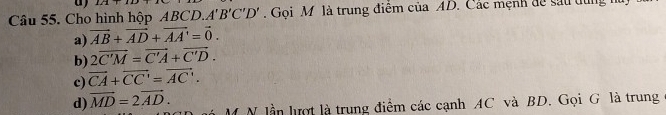 121+ 
Câu 55. Cho hình hộp ABCD A'B'C'D'. Gọi M là trung điệm của AD. Các mẹnh đề sau dùng 1
a) vector AB+vector AD+vector AA'=vector 0.
b) 2overline C'M=overline C'A+overline C'D.
c) vector CA+vector CC'=vector AC'.
d) vector MD=2vector AD. 
M N lần lượt là trung điểm các cạnh AC và BD. Gọi G là trung