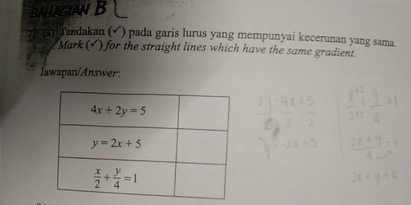 BAHACIANB
7  (a) Tandakan (√) pada garis lurus yang mempunyai kecerunan yang sama.
Mark ( (√) for the straight lines which have the same gradient.
Jawapan/Answer: