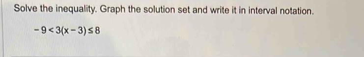 Solve the inequality. Graph the solution set and write it in interval notation.
-9<3(x-3)≤ 8