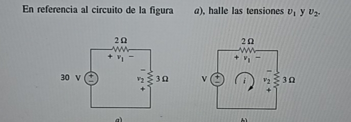 En referencia al circuito de la figura a), halle las tensiones v_1 y v_2.