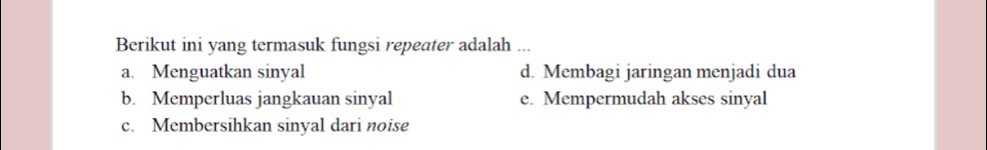 Berikut ini yang termasuk fungsi repeater adalah ...
a. Menguatkan sinyal d. Membagi jaringan menjadi dua
b. Memperluas jangkauan sinyal e. Mempermudah akses sinyal
c. Membersihkan sinyal dari noise