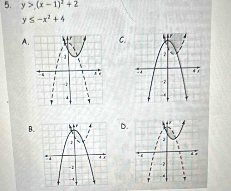 y>(x-1)^2+2
y≤ -x^2+4
A.
C.

B.
D