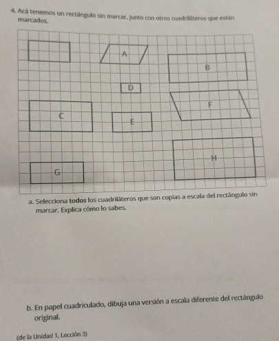 Acá tenemos un rectángulo sin marcar, junto con otros cuadriláteros que están 
marcados. 
marcar, Explica cómo lo sabes, 
b. En papel cuadriculado, dibuja una versión a escala diferente del rectángulo 
original. 
(de la Unidad 1, Lección 3)