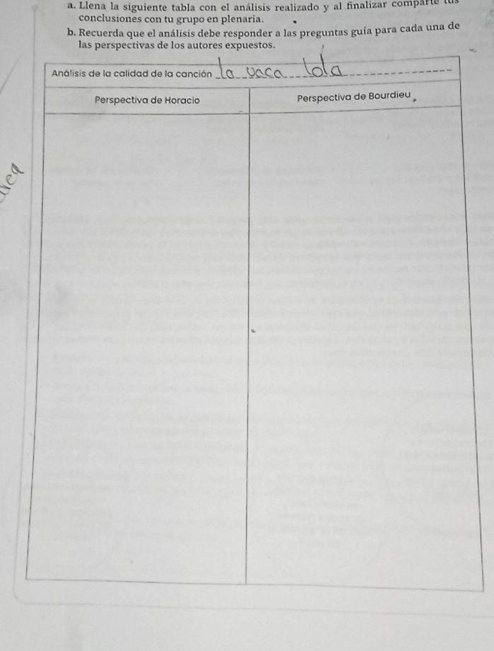 Llena la siguiente tabla con el análisis realizado y al finalizar comparte tu 
conclusiones con tu grupo en plenaria. 
b. Recuerda que el análisis debe responder a las preguntas guía para cada una de