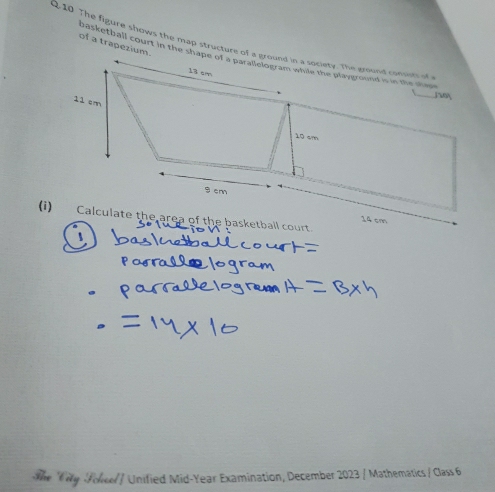 The figure shows the map structure of a ground in a society. The ground consen of 
of a trapezium. 
The City Voleel / Unified Mid-Year Examination, December 2023 / Mathematics / Class 6