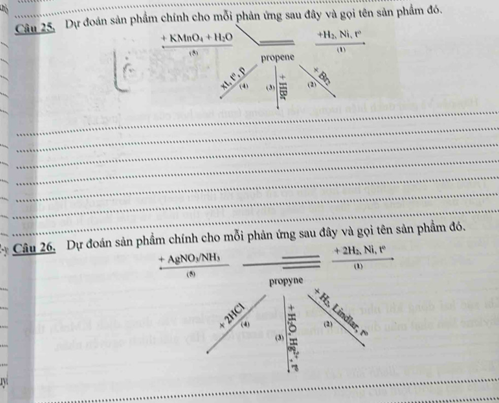 Câu 25, Dự đoán sản phẩm chính cho mỗi phản ứng sau đây và gọi tên sản phẩm đó.
+KMnO_4+H_2O _
+H_2, Ni, t^0
(5) 
(1) 
propene 
×
xt, t^0, p (4) (3) (2) 
_ 
_ 
_ 
_ 
_ 
_ 
_ 
_ 
_ 
Câu 26. Dự đoán sản phẩm chính cho mỗi phản ứng sau đây và gọi tên sản phẩm đó.
frac +AgNO_3/NH_3omega 
_ +2H_2,N c 
_ 
_ 
(1) 
propyne 
HCl 
H₃, Lindlar, 
1) (2) 
(3) 
my 
_ 
_ 
_