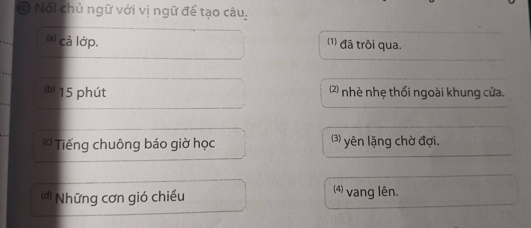 ở Nối chủ ngữ với vị ngữ để tạo câu: 
(a) cả lớp. 
(1) đã trôi qua. 
(b) 15 phút (2) nhè nhẹ thổi ngoài khung cửa. 
( Tiếng chuông báo giờ học (3) yên lặng chờ đợi. 
Những cơn gió chiều 
(4) vang lên.