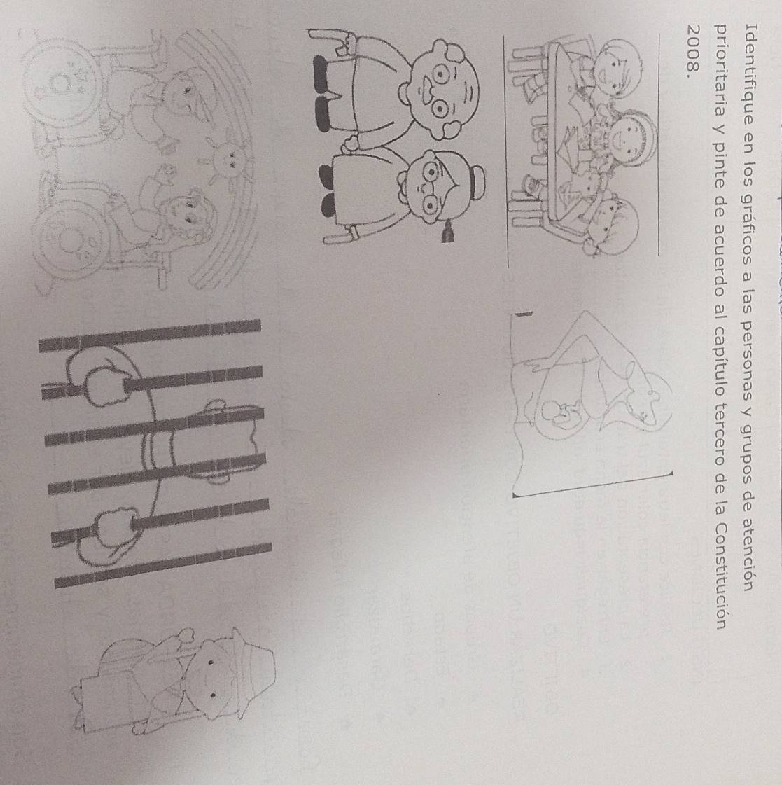 Identifique en los gráficos a las personas y grupos de atención 
prioritaria y pinte de acuerdo al capítulo tercero de la Constitución 
2008.