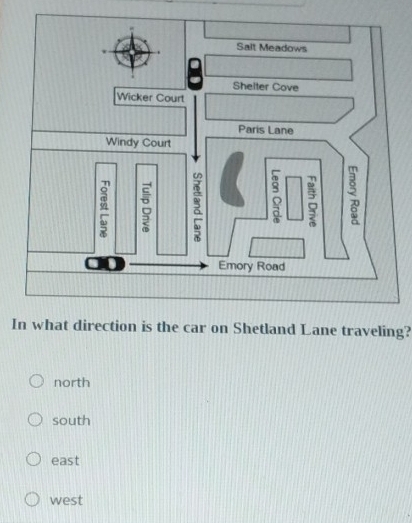 In what direction is the car on Shetland Lane traveling?
north
south
east
west