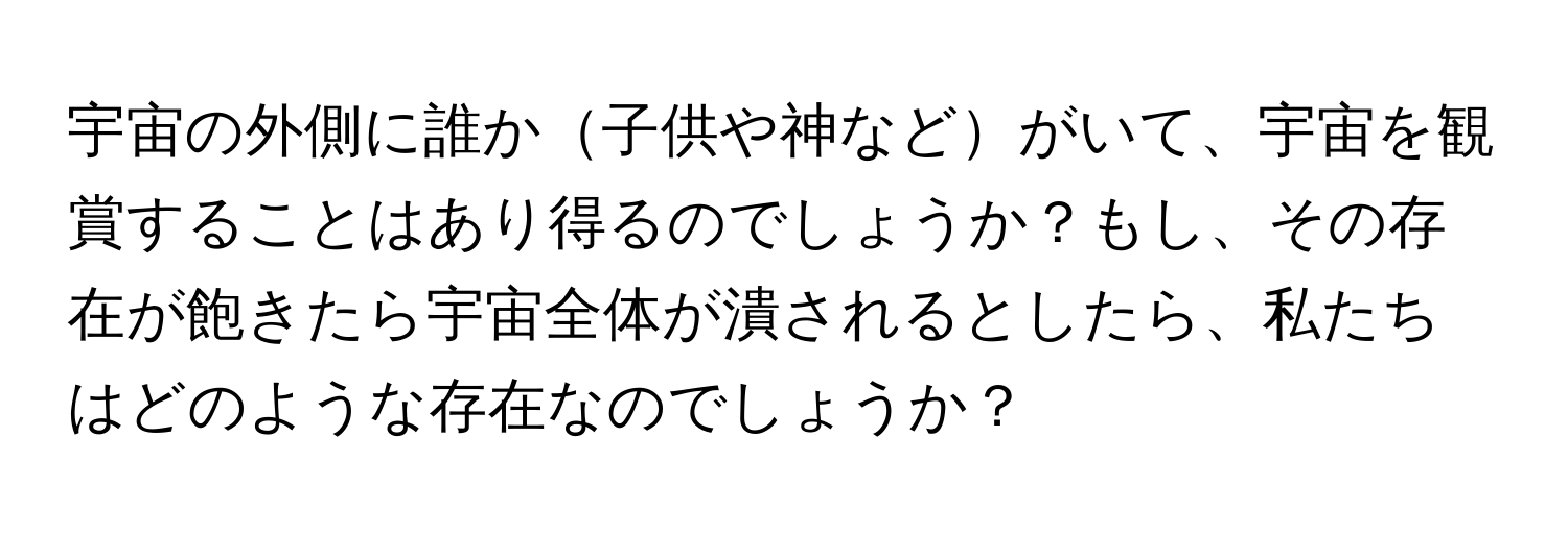 宇宙の外側に誰か子供や神などがいて、宇宙を観賞することはあり得るのでしょうか？もし、その存在が飽きたら宇宙全体が潰されるとしたら、私たちはどのような存在なのでしょうか？