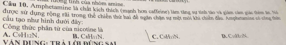 mom carsoxyr .
ut lướng tinh của nhóm amine.
Câu 10. Amphetamine là chất kích thích (mạnh hơn caffeine) làm tăng sự tinh táo yà giảm cảm giác thèm ăn. Nó
được sử dụng rộng rãi trong thế chiến thứ hai đề ngăn chặn sự mệt mỏi khi chiến đầu. Amphetamine có công thức
cấu tạo như hình dưới đây:
Công thức phân tử của nicotine là
A. C9H12N. B. C8H11N. C. C9H13N. D. C10H13N.
VÁN DUNG: TRả Lời đÚNG Sai