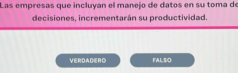 Las empresas que incluyan el manejo de datos en su toma de
decisiones, incrementarán su productividad.
VERDADERO FALSO