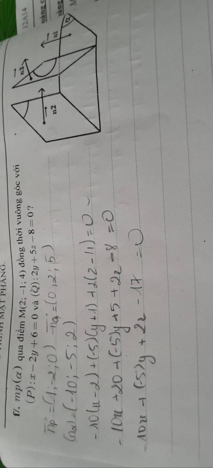 Mạt pháng. 
f/. mp(alpha ) qua điểm M(2;-1;4) đồng thời vuông góc với
(P):x-2y+6=0 và (Q):2y+5z-8=0 ? 
oàng c 
lng