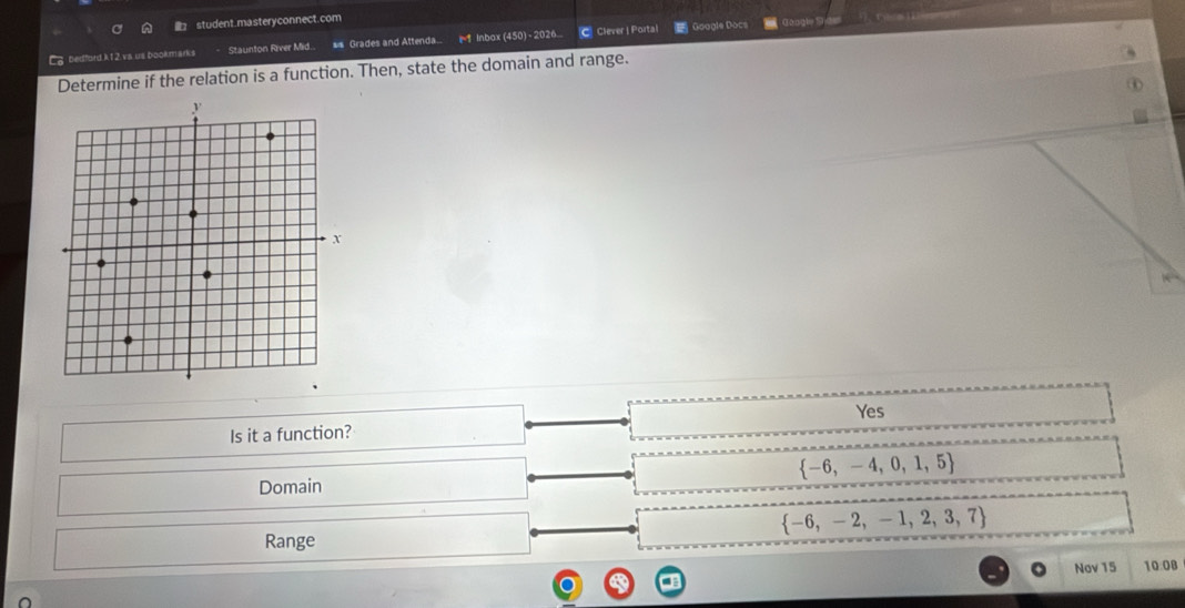 student.mastery connect.com
Lg bedford.k12.vs.us bookmarks Staunton River Mid.. == Grades and Attenda.. lnbax (450) - 2026... CClever | Porta Google Docs Google S
Determine if the relation is a function. Then, state the domain and range.
Yes
Is it a function?
 -6,-4,0,1,5
Domain
 -6,-2,-1,2,3,7
Range
Nov 15 10:08