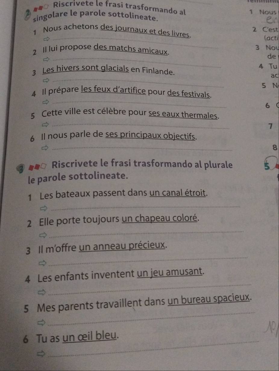 #ãº Riscrivete le frasi trasformando al_ 
1 Nous 
singolare le parole sottolineate. 
_ 
_ 
1 Nous achetons des journaux et des livres. 2 C'est 
(acti 
_ 
2 Il lui propose des matchs amicaux. 3 Nou 
de 
4 Tu 
_ 
3 Les hivers sont glacials en Finlande. 
ac 
5 N 
_ 
4 Il prépare les feux d’artifice pour des festivals. 
6  
_ 
5 Cette ville est célèbre pour ses eaux thermales. 
7 
_ 
6 Il nous parle de ses principaux objectifs. 
8 
2 Riscrivete le frasi trasformando al plurale 
le parole sottolineate. 
1 Les bateaux passent dans un canal étroit. 
_ 
_ 
2 Elle porte toujours un chapeau coloré. 
_ 
3 Il m'offre un anneau précieux. 
_ 
4 Les enfants inventent un jeu amusant. 
_ 
5 Mes parents travaillent dans un bureau spacieux. 
_ 
6 Tu as un œil bleu.