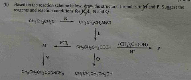 Based on the reaction scheme below, draw the structural formulae of M and P. Suggest the 
reagents and reaction conditions for K, L, N and Q.
CH_3CH_2CH_2Clxrightarrow KCH_3CH_2CH_2MgCl
 M/h +frac m_2r=frac (∈t _0)^h(∈t _0)^h[0]dy_n
CH_3CH_2CH_2CONHCH_3 ()^ CH_3CH_2CH_2CH_2OH