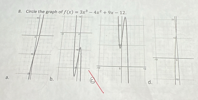 Circle the graph of f(x)=3x^3-4x^2+9x-12. 
a. 
) 
d.