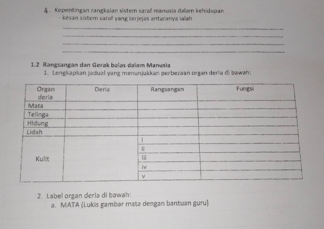 Kepentingan rangkaian sistem saraf manusia dalam kehidupan 
- kesan sistem saraf yang terjejas antaranya ialah 
_ 
_ 
_ 
_ 
1.2 Rangsangan dan Gerak bałas dalam Manusia 
1. Lengkapkan jadual yang menunjukkan perbezaan organ deria di bawah: 
2. Label organ deria di bawah: 
a. MATA (Lukis gambar mata dengan bantuan guru)