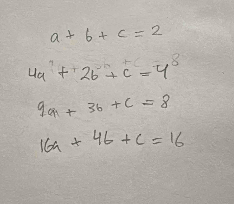 a+6+c=2
4a+2b+c=4^8
9a+3b+c=8
16a+4b+c=16