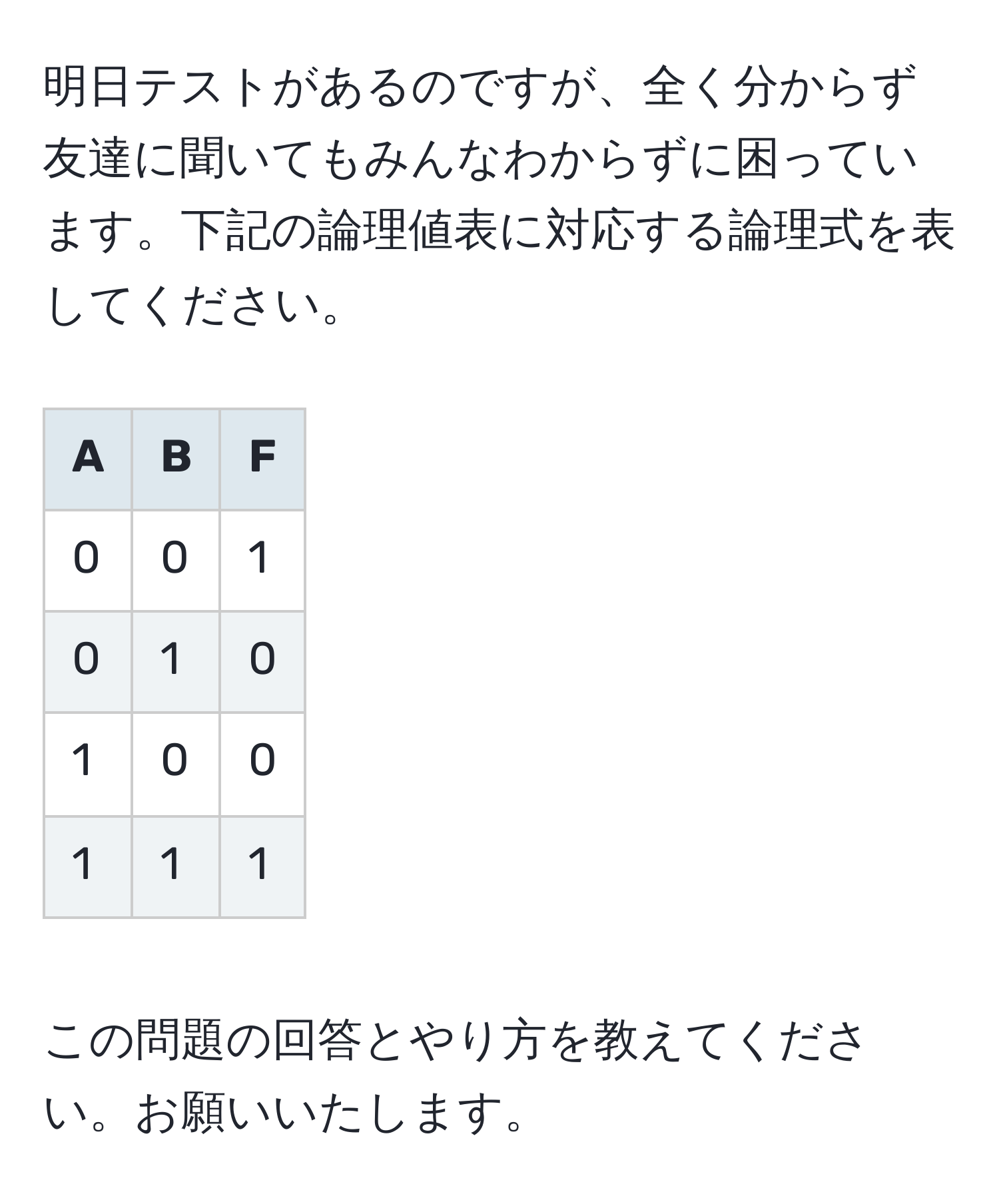 明日テストがあるのですが、全く分からず友達に聞いてもみんなわからずに困っています。下記の論理値表に対応する論理式を表してください。  
  
| A | B | F |  
|---|---|---|  
| 0 | 0 | 1 |  
| 0 | 1 | 0 |  
| 1 | 0 | 0 |  
| 1 | 1 | 1 |  

この問題の回答とやり方を教えてください。お願いいたします。