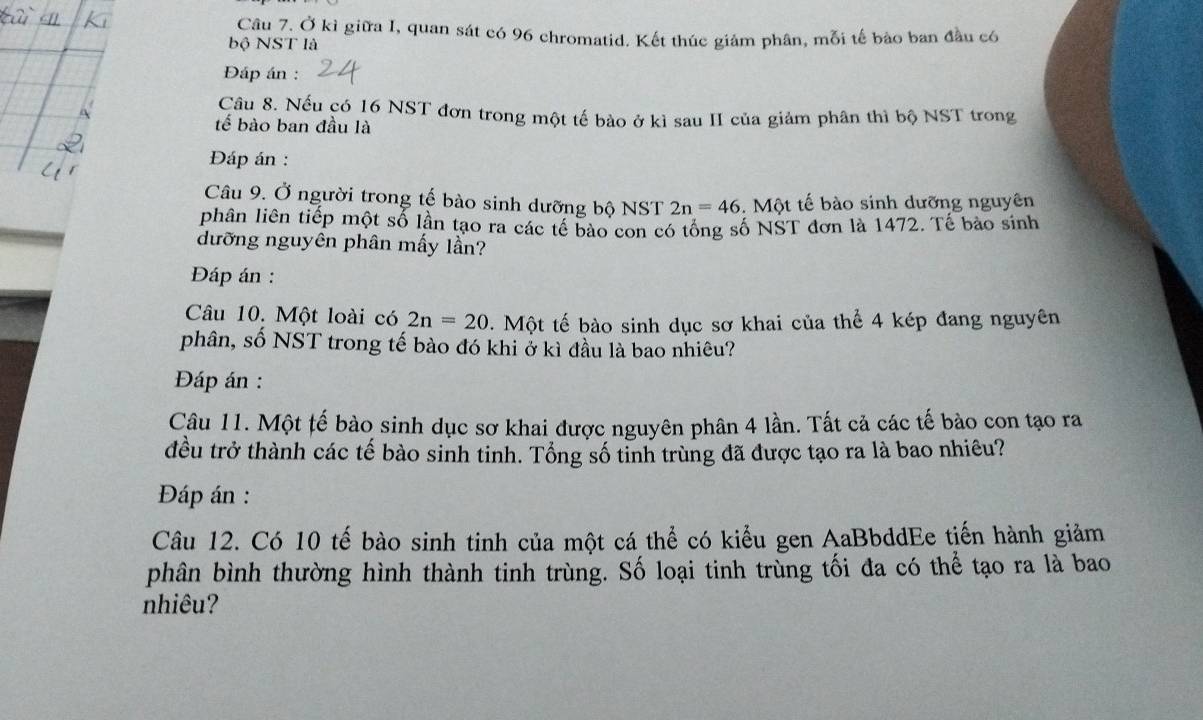 Câu 7, Ở kỉ giữa I, quan sát có 96 chromatid. Kết thúc giám phân, mỗi tế bào ban đầu có 
bộ NST là 
Đáp án : 
Câu 8. Nếu có 16 NST đơn trong một tế bào ở kì sau II của giảm phân thì bộ NST trong 
tế bào ban đầu là 
Đáp án : 
Câu 9. Ở người trong tế bào sinh dưỡng bộ NST 2n=46. Một tế bào sinh dưỡng nguyên 
phân liên tiếp một số lần tạo ra các tế bào con có tổng số NST đơn là 1472. Tế bào sinh 
dưỡng nguyên phân mấy lần? 
Đáp án : 
Câu 10. Một loài có 2n=20. Một tế bào sinh dục sơ khai của thể 4 kép đang nguyên 
phân, số NST trong tế bào đó khi ở kì đầu là bao nhiêu? 
Đáp án : 
Câu 11. Một tế bào sinh dục sơ khai được nguyên phân 4 lần. Tất cả các tế bào con tạo ra 
đều trở thành các tế bào sinh tinh. Tổng số tỉnh trùng đã được tạo ra là bao nhiêu? 
Đáp án : 
Câu 12. Có 10 tế bào sinh tinh của một cá thể có kiểu gen AaBbddEe tiến hành giảm 
phân bình thường hình thành tinh trùng. Số loại tinh trùng tối đa có thể tạo ra là bao 
nhiêu?