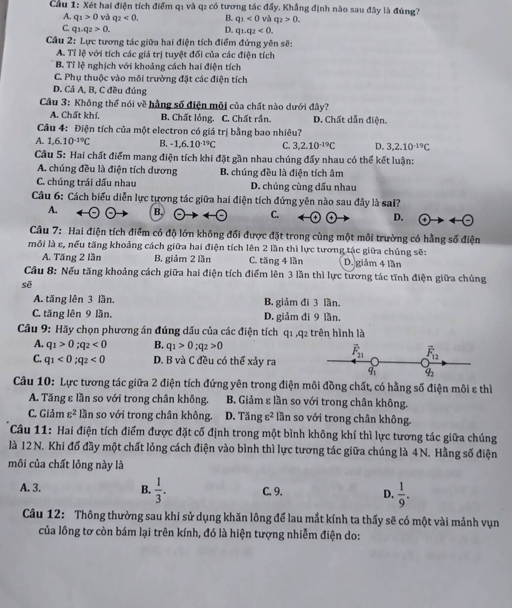 Cầu 1: Xét hai điện tích điểm q1 và q2 có tương tác đẩy. Khẳng định nào sau đây là đúng?
A. q_1>0 và q_2<0. B. q_1<0</tex> và q_2>0.
C. q_1.q_2>0. D. q1.q_2<0.
Câu 2: Lực tương tác giữa hai điện tích điểm đứng yên sẽ:
A. Tỉ lệ với tích các giá trị tuyệt đối của các điện tích
B. Tỉ lệ nghịch với khoảng cách hai điện tích
C. Phụ thuộc vào môi trường đặt các điện tích
D. Cả A, B, C đều đúng
Câu 3: Không thể nói về hằng số điện môi của chất nào dưới đây?
A. Chất khí. B. Chất lỏng. C. Chất rắn. D. Chất dẫn điện.
Câu 4: Điện tích của một electron có giá trị bằng bao nhiêu?
A. 1,6.10^(-19)C B. -1,6.10^(-19)C C. 3,2.10^(-19)C D. 3,2.10^(-19)C
Câu 5: Hai chất điểm mang điện tích khi đặt gần nhau chúng đẩy nhau có thể kết luận:
A. chúng đều là điện tích dương B. chúng đều là điện tích âm
C. chúng trái dấu nhau D. chúng cùng dấu nhau
Câu 6: Cách biểu diễn lực tựơng tác giữa hai điện tích đứng yên nào sau đây là sai?
A.
B.
C.
D.
Câu 7: Hai điện tích điểm có độ lớn không đổi được đặt trong cùng một môi trường có hằng số điện
môi là ε, nếu tăng khoảng cách giữa hai điện tích lên 2 lần thì lực tương tác giữa chúng sẽ:
A. Tăng 2 lần B. giảm 2 lần C. tăng 4 lần D. giảm 4 lần
Câu 8: Nếu tăng khoảng cách giữa hai điện tích điểm lên 3 lần thì lực tương tác tĩnh điện giữa chúng
sẽ
A. tăng lên 3 lần. B. giảm đi 3 lần.
C. tăng lên 9 lần. D. giảm đi 9 lần.
Câu 9: Hãy chọn phương án đúng dấu của các điện tích q1 ,q2 trên hình là
A. q_1>0;q_2<0</tex> B. q_1>0;q_2>0
C. q_1<0;q_2<0</tex> D. B và C đều có thể xảy ra
vector F_21
vector F_12
q_1 q_2
Câu 10: Lực tương tác giữa 2 điện tích đứng yên trong điện môi đồng chất, có hằng số điện môi ε thì
A. Tăng ε lần so với trong chân không. B. Giảm ε lần so với trong chân không.
C. Giảm varepsilon^2 lần so với trong chân không. D. Tangvarepsilon^2 lần so với trong chân không.
Câu 11: Hai điện tích điểm được đặt cố định trong một bình không khí thì lực tương tác giữa chúng
là 12 N. Khi đổ đầy một chất lỏng cách điện vào bình thì lực tương tác giữa chúng là 4N. Hằng số điện
môi của chất lỏng này là
A. 3. B.  1/3 . C. 9. D.  1/9 .
Câu 12: Thông thường sau khi sử dụng khăn lông để lau mắt kính ta thấy sẽ có một vài mảnh vụn
của lông tơ còn bám lại trên kính, đó là hiện tượng nhiễm điện do: