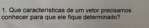 Que características de um vetor precisamos 
conhecer para que ele fique determinado?