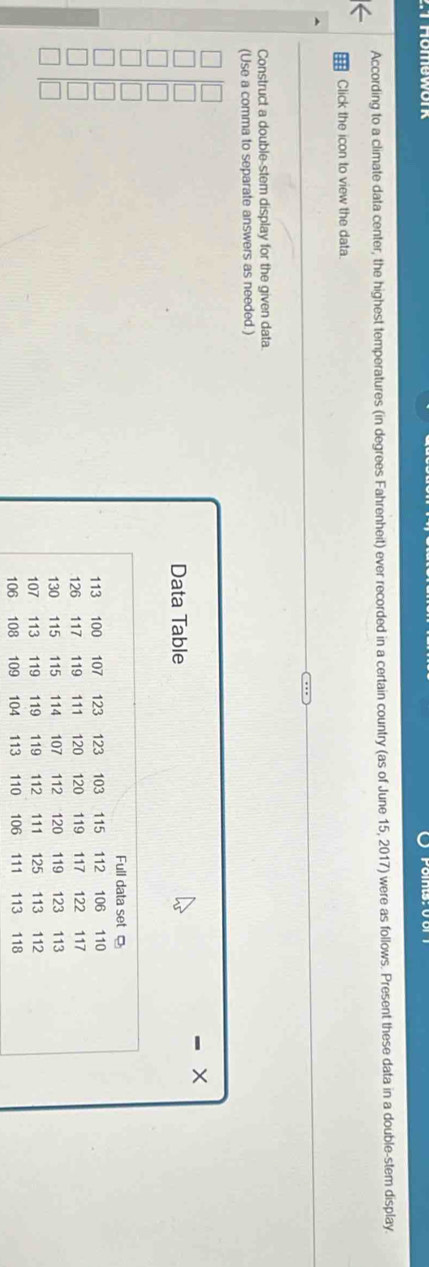 According to a climate data center, the highest temperatures (in degrees Fahrenheit) ever recorded in a certain country (as of June 15, 2017) were as follows. Present these data in a double-stem display. 
Click the icon to view the data 
Construct a double-stem display for the given data. 
(Use a comma to separate answers as needed.) 
、 X
Data Table 
Full data set
113 100 107 123 123 103 115 112 106 110
126 117 119 111 120 120 119 117 122 117
130 115 115 114 107 112 120 119 123 113
107 113 119 119 119 112 111 125 113 112
106 108 109 104 113 110 106 111 113 118