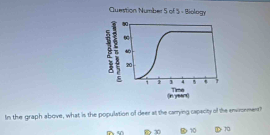 In the graph above, what is the population of deer at the carrying capacity of the environment?
P 50 D 30 B> 10 ①> 70