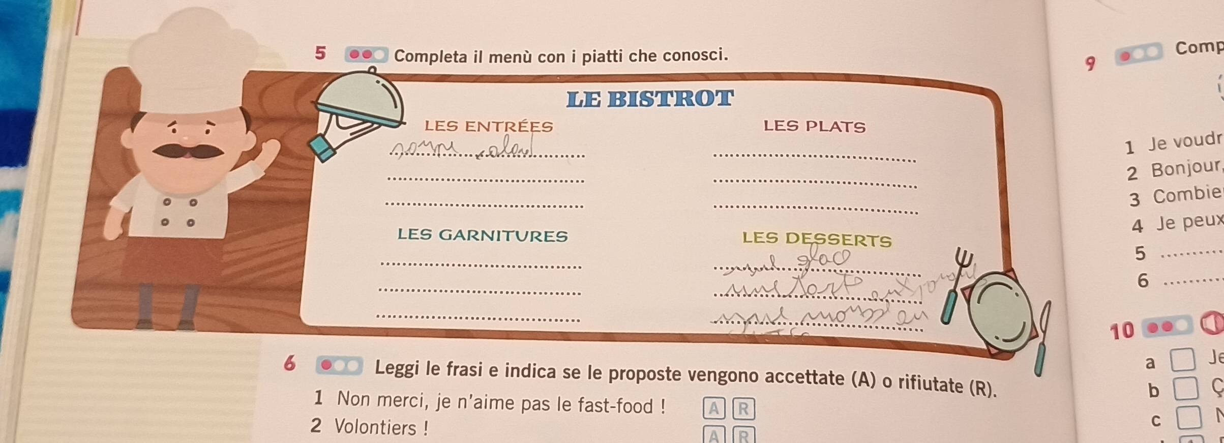 Completa il menù con i piatti che conosci. 
Comp 
9 
LE BISTROT 
lES ENTRÉeS LES PLATS 
__ 
1 Je voudr 
_ 
_ 
2 Bonjour, 
_ 
_ 
3 Combie 
LES GARNITVRES 
4 Je peux 
LES DESSERTS 
_ 
_ 
_5 
_ 
_ 
_6 
_ 
_ 
10 .. 
a Je 
6 Leggi le frasi e indica se le proposte vengono accettate (A) o rifiutate (R). b C 
1 Non merci, je n'aime pas le fast-food ! A R C 
2 Volontiers ! R 
A