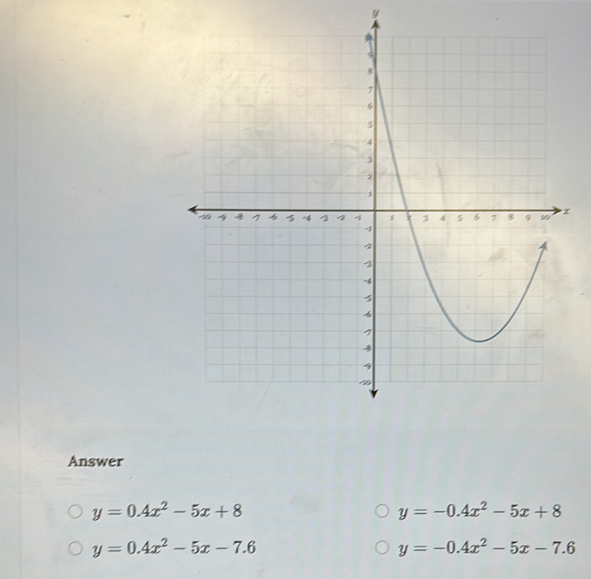 y
Answer
y=0.4x^2-5x+8
y=-0.4x^2-5x+8
y=0.4x^2-5x-7.6
y=-0.4x^2-5x-7.6