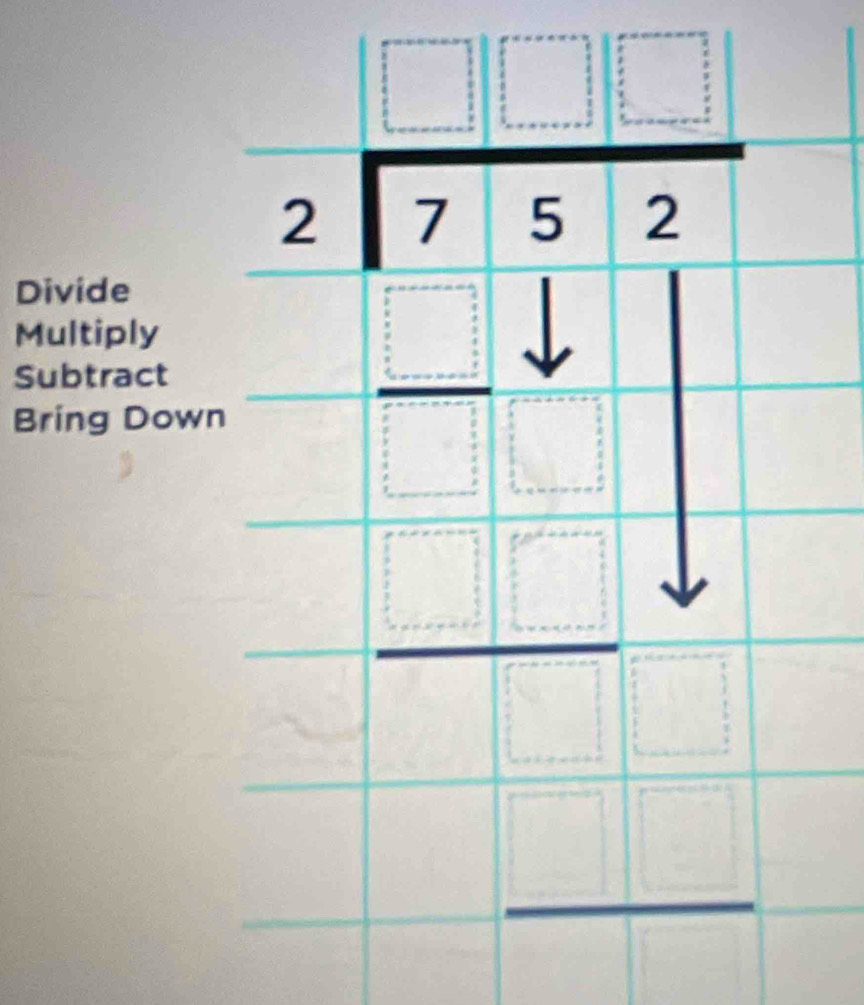 Divide
Multiply
Subtract
Bring Dow