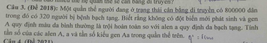 nmeu the nệ quan the sẽ can bang di truyen . 
Câu 3. (Để 2018): Một quần thể người đang ở trang thái cân bằng di truyền có 800000 dân 
trong đó có 320 người bị bệnh bạch tạng. Biết rằng không có đột biến mới phát sinh và gen 
A quy định màu da bình thường là trội hoàn toàn so với alen a quy định da bạch tạng. Tính 
tần số của các alen A, a và tần số kiểu gen Aa trong quần thể trên. 
Câu 4 (Đề 2021)