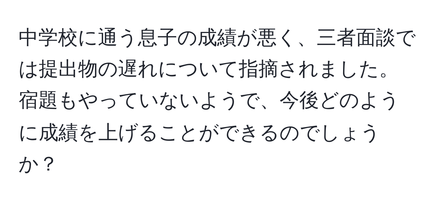 中学校に通う息子の成績が悪く、三者面談では提出物の遅れについて指摘されました。宿題もやっていないようで、今後どのように成績を上げることができるのでしょうか？