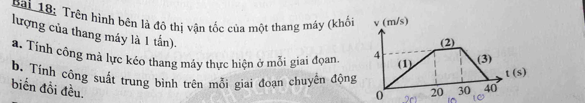 Trên hình bên là đô thị vận tốc của một thang máy (khối 
lượng của thang máy là 1 tấn).
a. Tính công mà lực kéo thang máy thực hiện ở mỗi giai đọan.
b. Tính công suất trung bình trên mỗi giai đoạn chuyển động
biến đồi đều.
0