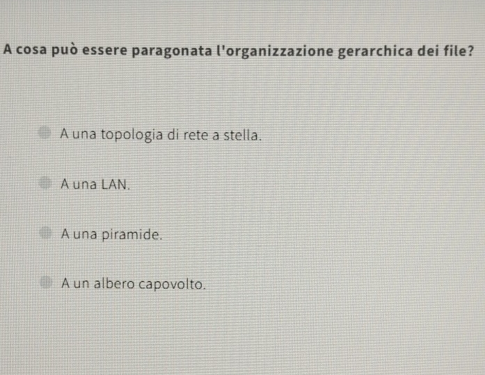 A cosa può essere paragonata l'organizzazione gerarchica dei file?
A una topologia di rete a stella.
A una LAN.
A una piramide.
A un albero capovolto.