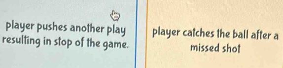 player pushes another play player catches the ball after a 
resulting in stop of the game. missed shot
