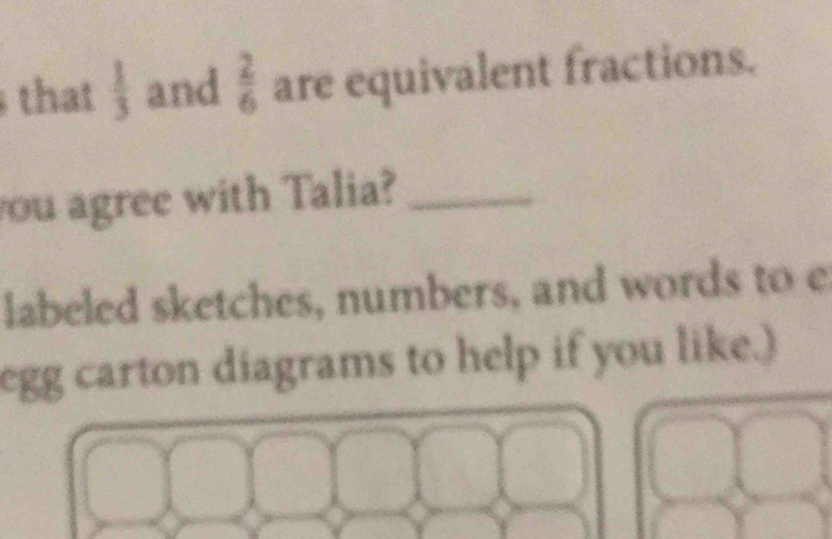 that  1/3  and  2/6  are equivalent fractions. 
ou agree with Talia?_ 
labeled sketches, numbers, and words to e 
egg carton diagrams to help if you like.)