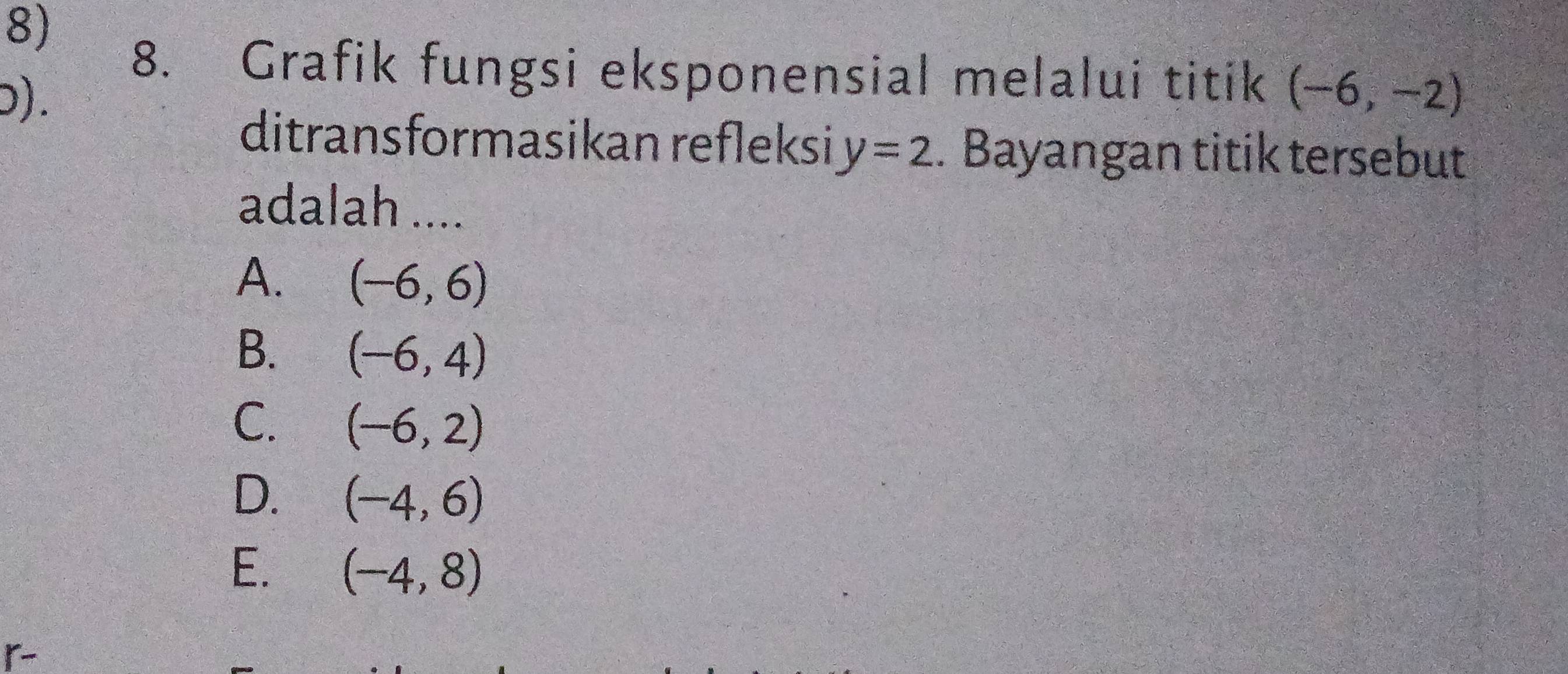 Grafik fungsi eksponensial melalui titik
(). (-6,-2)
ditransformasikan refleksi y=2. Bayangan titik tersebut
adalah ....
A. (-6,6)
B. (-6,4)
C. (-6,2)
D. (-4,6)
E. (-4,8)