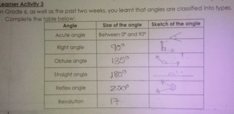 earner Activity 3
n Grade 6, as well as the past two weeks, you learnt that angles are classified into types.
Complete