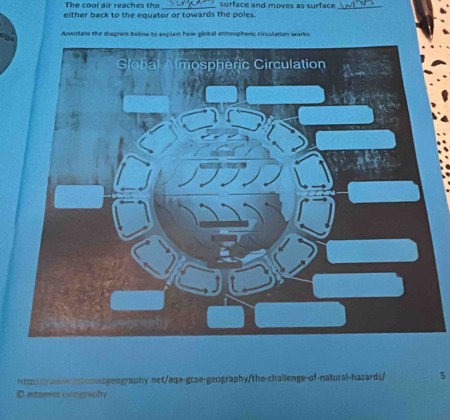 The cool air reaches the _surface and moves as surface_ 
either back to the equator or towards the poles. 
Annotate the diagram below to explain how global atmospheric circulation works 
h ts wan atometgeography net/aqa-gcse-geography/the-challenge-of-natural-hazards/ 5 
D internet Goography